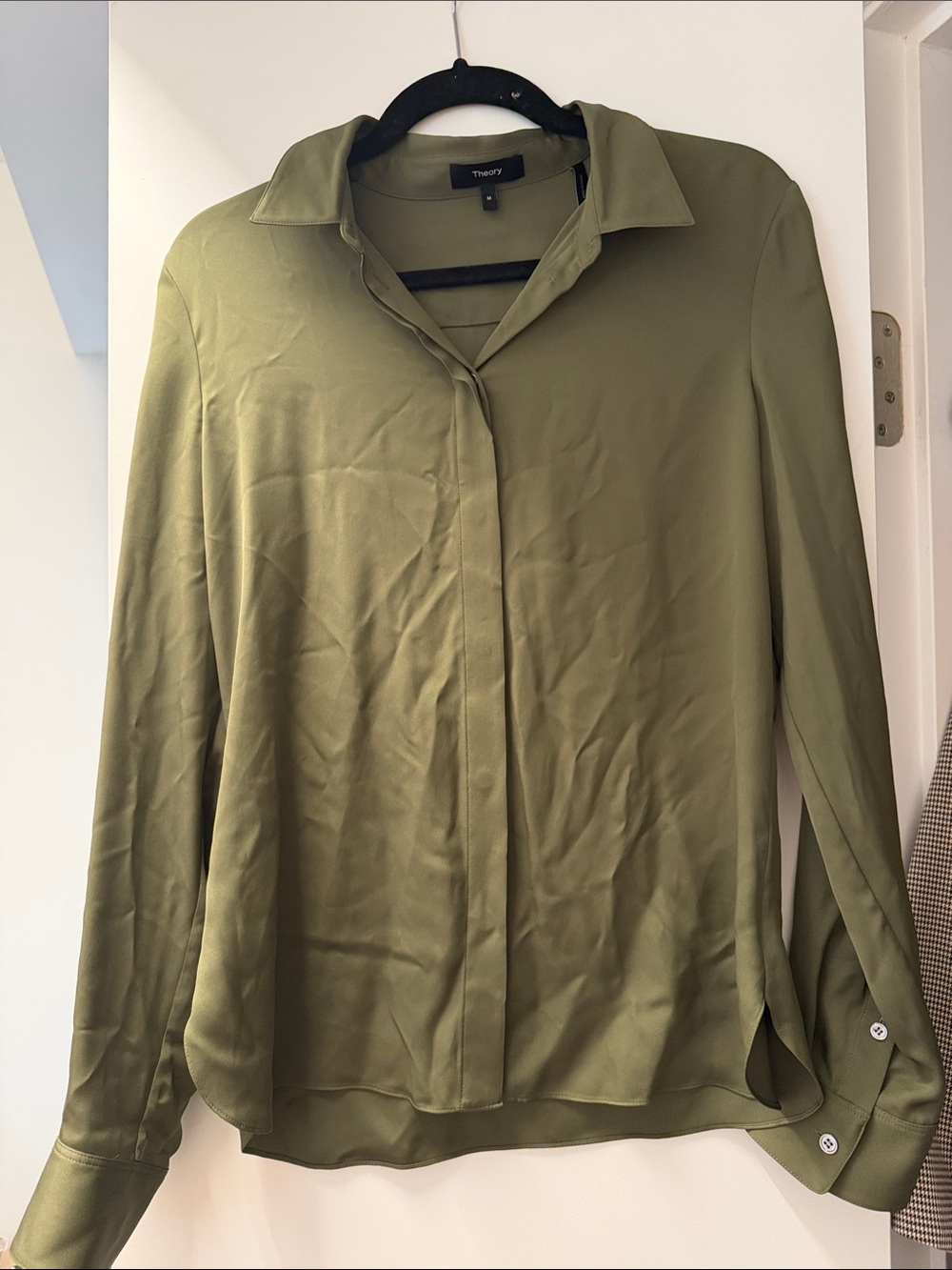 Theory Olive Green Button-Front Silk-Blend Shirt